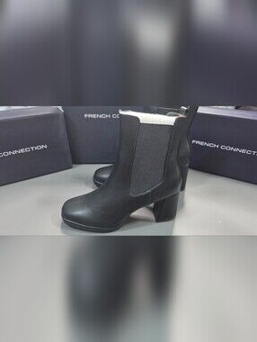 French Connection Black Block Heel Chelsea Booties